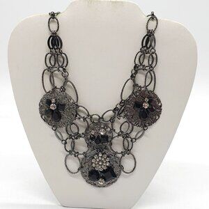 Vintage Inspired Black Silver Statement Necklace With Crystal Accents Filigree